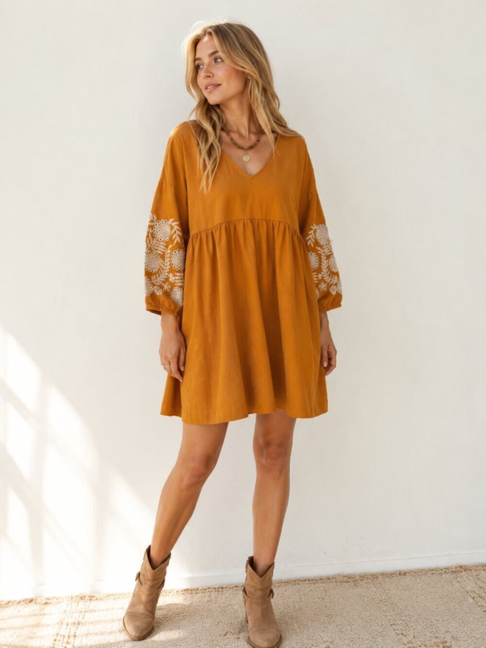 Madewell Embroidered Dress Linen Babydoll Orange Tan Summer XS
